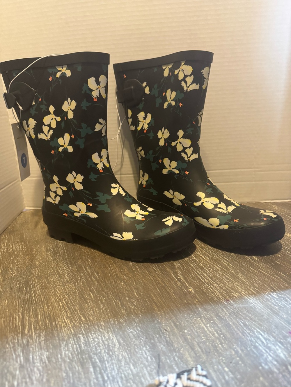 Target Black Rain Boots with Cream and Green Floral Print